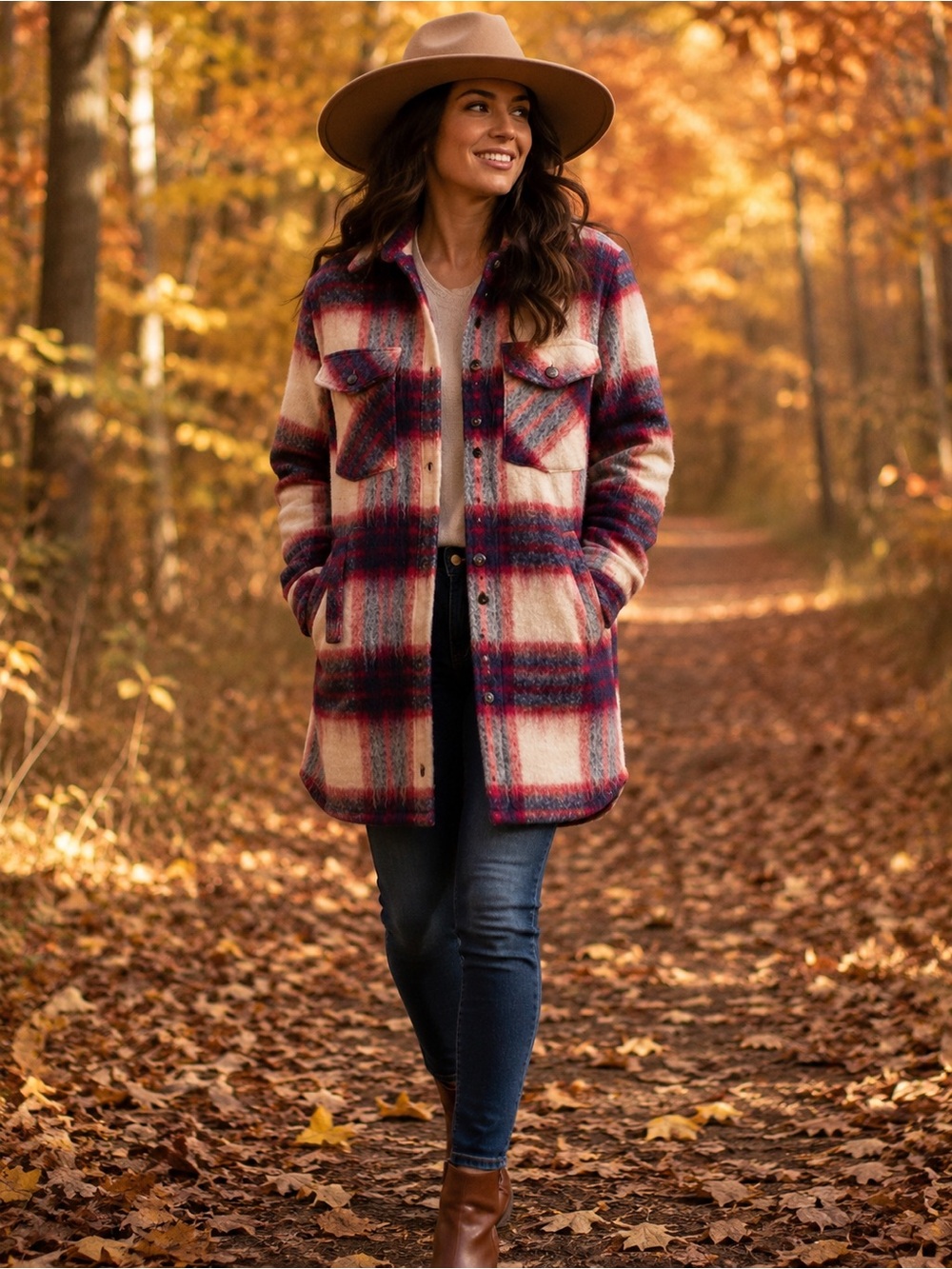 Blank NYC Cream and Burgundy Plaid Teddy Shacket